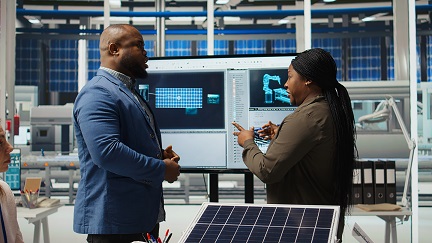 photovoltaics factory manager meeting with investor talking